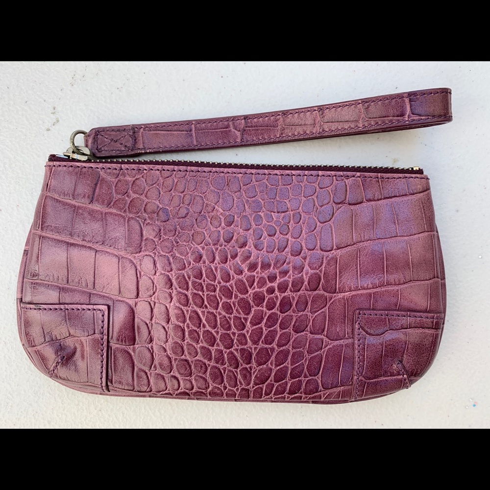 Club Monaco leather embossed purple wristlet.